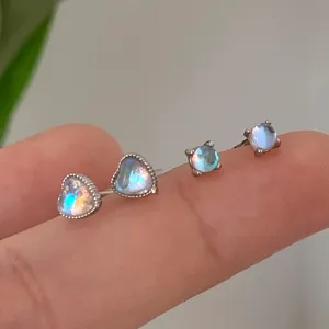 Dainty heart-shaped moonstone and round zircon stud earrings set for women helix studs