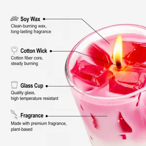 Scented soy wax candle in glass cup with cute red ice cube design for home decor aroma gift.