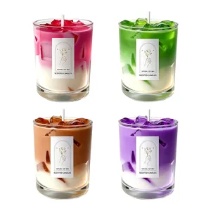 Scented soy wax candles in glass cup with jelly ice cube design, colorful home decor aroma.