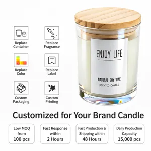Scented soy wax candle in glass jar with wooden lid, custom aromatherapy home decor gift.