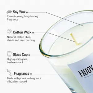 Scented soy wax candle in glass jar with cotton wick and botanical fragrance oil.