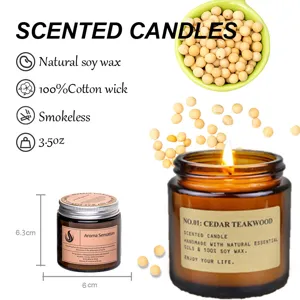 Aromatherapy scented candle in amber glass jar with natural soy wax and cotton wick.