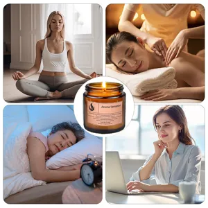 Scented candle in amber glass jar, essential oil aromatherapy candle for home relaxation and sleep.