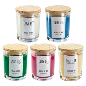Colorful scented soy wax candles set with wooden lids for home decoration and relaxation.