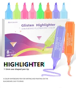 Set of 8 shimmering fluorescent highlighters with 1-5mm chisel tip for art and study