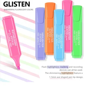 Detailed view of shimmering multi-color highlighters with 1-5mm axe shaped pen tip design