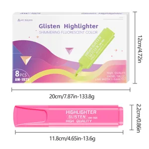 Detailed dimension diagram of 8-piece glitter highlighter set with box and pen sizes