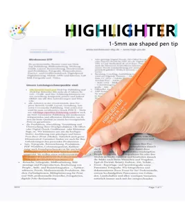 Close-up view of orange glisten highlighter with 1-5mm axe shaped pen tip marking text