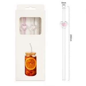 Clear glass straw set with pink heart design, heat-resistant drinking straw with box and brush.