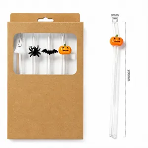 Halloween theme glass drinking straw set with cute pumpkin ghost bat spider charms clear