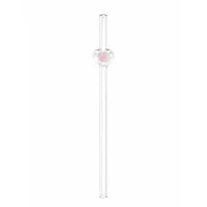 Clear glass drinking straw with a cute pink heart design, perfect for aesthetic beverages and parties.