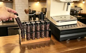 Ensemble de tubes de stockage de grains de café en noyer avec 12 tubes en verre et support.