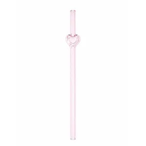 Pink glass straw with cute heart design, heat resistant, perfect for aesthetic drinks.