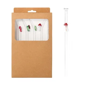 Set de pailles en verre de Noël avec jolis motifs de bonhomme de neige et canne en boîte kraft.
