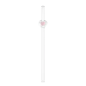 Clear glass straw with cute pink heart design, heat-resistant drinking straw for juice and milk.
