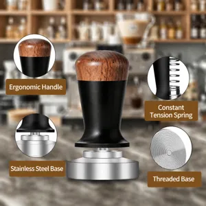 Professional stainless steel coffee tamper with wooden handle constant force spring threaded base.