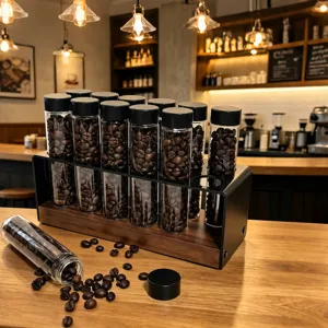 Ensemble de tubes de stockage de grains de café en noyer, 12 flacons en verre avec support