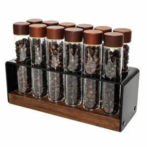 Ensemble de tubes de stockage de grains de café en noyer avec 12 flacons en verre scellés.