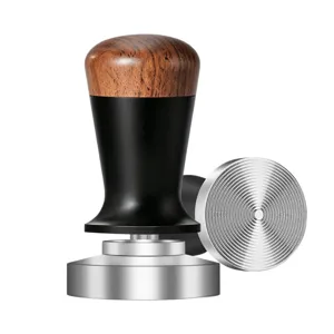 Stainless steel espresso coffee tamper with wooden handle and threaded base for home use