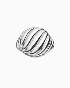Close-up detail of a minimalist 18K white gold ribbed dome ring with a twisted design.