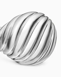 Macro view of polished silver-tone ribbed twisted ring showing elegant metal texture