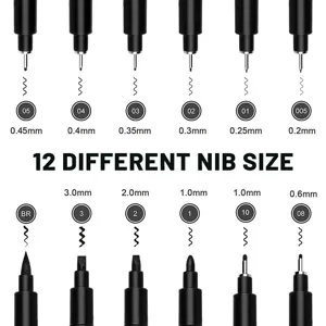 Set di pennarelli fineliner 12 diverse dimensioni di punta impermeabili per disegno.