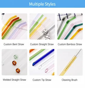 Colorful heat-resistant glass drinking straws set with various shapes and a cleaning brush.