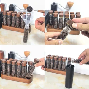 Walnut coffee bean storage tube 12-piece set detail view, glass tubes with wooden stand.