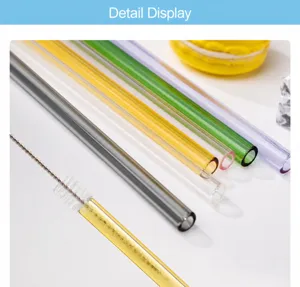 Colorful glass drinking straws set with cleaning brush detail view for eco-friendly kitchen use