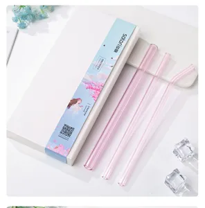 Soton ins style creative colored glass straw set with pink straight and bent glass straws.