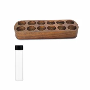 Walnut coffee bean storage rack with 12 tubes for home and commercial espresso bar use.