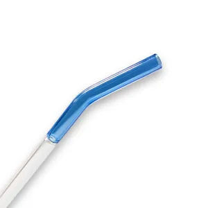 Close-up detail shot of the high borosilicate glass straw, showing the bent blue dual-color.