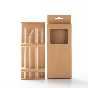 Clear heat resistant glass straw set with kraft paper box and cleaning brush for daily drinks.