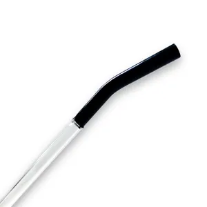 Detail shot of the dual-color glass straw showing the black bent lip-protecting tip and clear body.