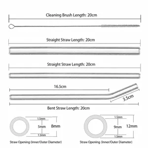 Clear glass straw set with cleaning brush, heat-resistant drinking straws specification.