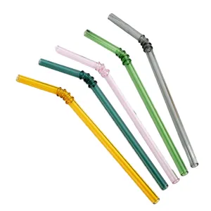 Colorful glass drinking straws with creative bent design, heat-resistant crystal glass.