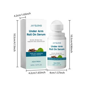 Vista detallada que muestra las dimensiones del sérum roll-on para axilas y el envase