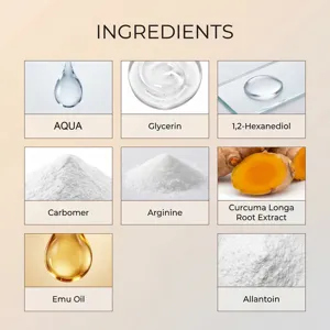 Ingredients detail view showing active formula components like glycerin, aqua, and plant extracts.