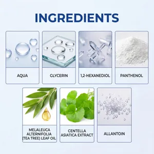 Primer plano de los ingredientes clave del spray para piernas con té y centella