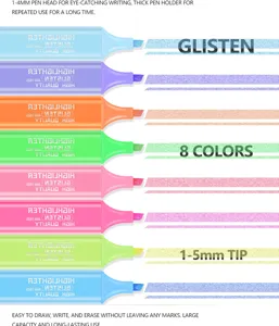 Set of 8 glitter highlighters with 1-5mm tips showing colorful ink strokes.