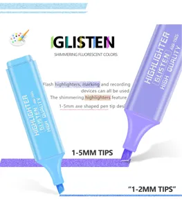 Detailed view of shimmering multi-color highlighters with 1-5mm axe-shaped tips