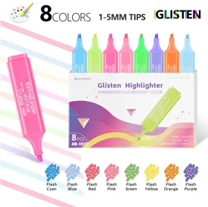 Detailed view of the 8-color shimmering fluorescent highlighter set with chisel tips