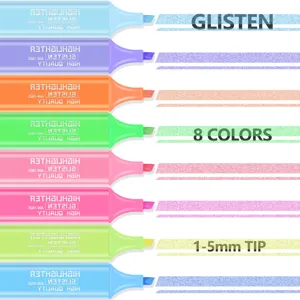 Set of 8 glitter multi-color highlighters with 1-5mm tips for drawing and journaling