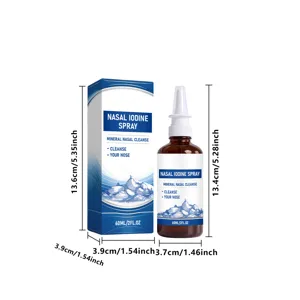 Dimensions du spray nasal à l'iode montrant le flacon de 60 ml et sa boîte bleue