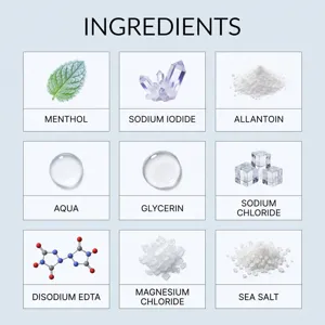 Tableau détaillé des ingrédients du spray nasal avec menthol, eau et sel de mer
