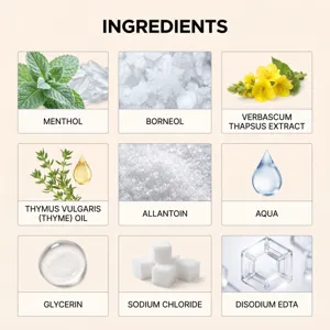 Detailed ingredient chart showcasing natural extracts like menthol, borneol, and glycerin.