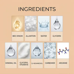 Elenco dettagliato degli ingredienti della crema corpo con veleno d'api ed estratti.