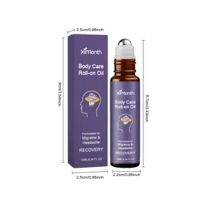 XIMONTH aceite en rollo corporal vista detallada con empaque y dimensiones específicas.