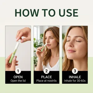 Herbal inhaler stick usage detail showing open, place at nostrils and inhale steps clearly.