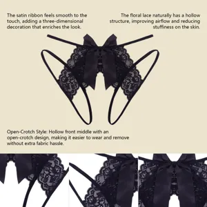 Black lace open-crotch thong with satin bows, breathable floral design for intimate comfort.